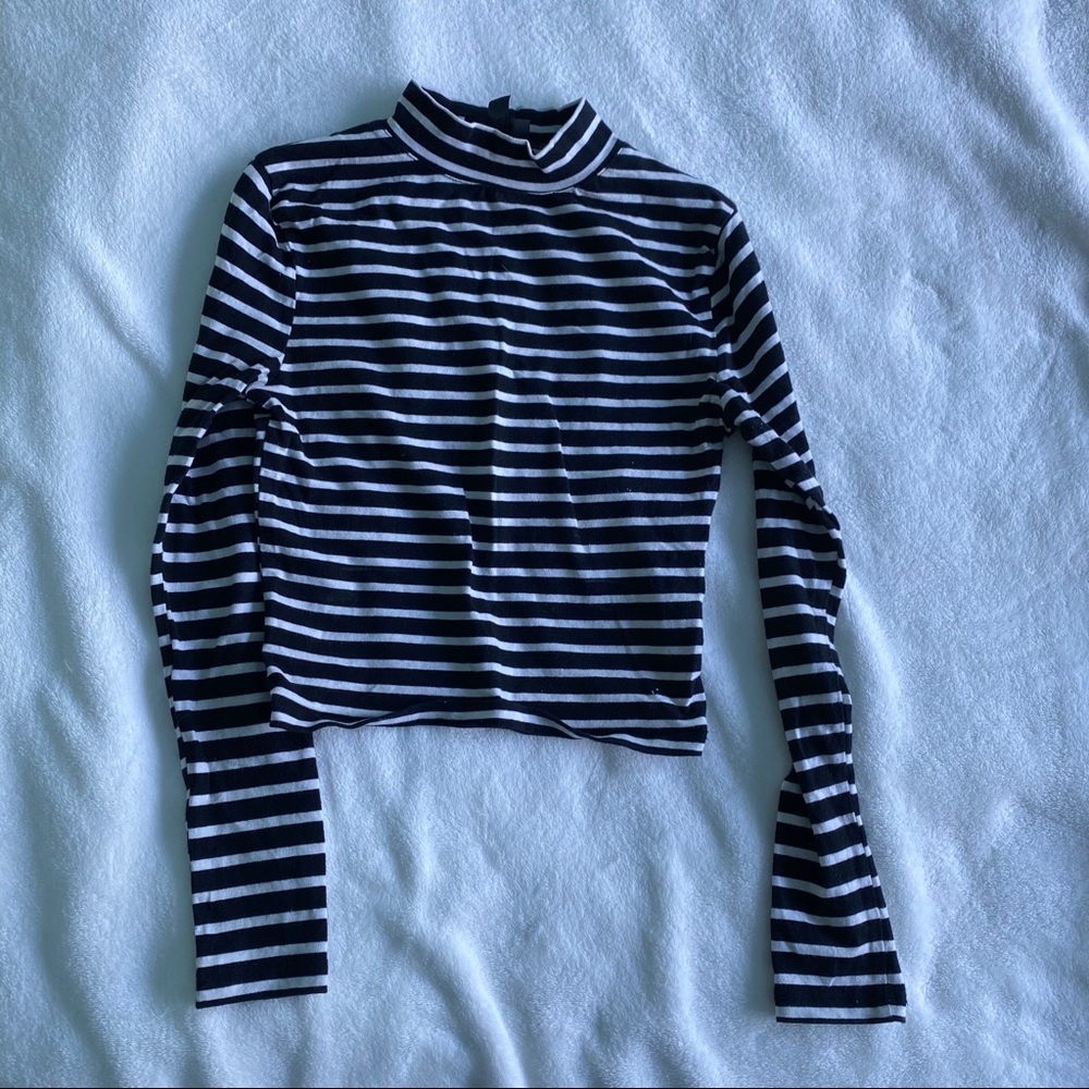 Topshop mock neck black & white striped top